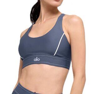 ALO Yoga Airlift Suit Up Sports Bra in Bluestone/White - Size Large (NWT)
